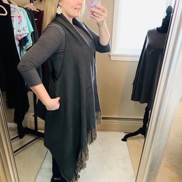 Wrap Scarf With Armholes Gray Mustard Shawl OS - Picture 4 of 8